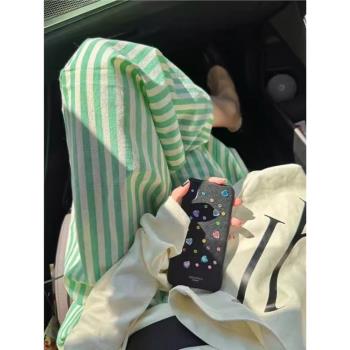 綠色條紋闊腿褲女夏季亞麻氣球褲慵懶鬆弛感褲子棉麻山本褲休閑褲