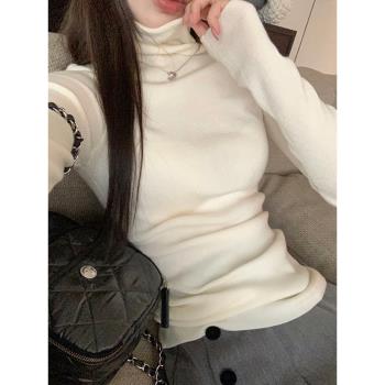 白色高領毛衣女套頭秋冬軟糯保暖堆堆領羊絨針織打底衫內搭上衣