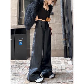 黑色直筒皮褲女2024秋冬加絨新款PU皮拖地休閑長褲垂感顯瘦闊腿褲