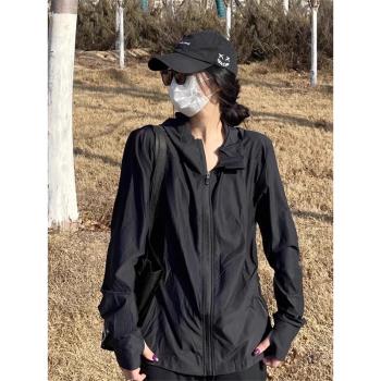 歐貨黑色連帽運動服女2025夏季流行單品薄款戶外休閑運動上衣外套