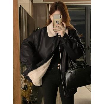 美式復古加絨PU皮衣外套女冬季韓版寬松皮毛一體加厚保暖機車棉服