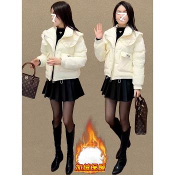 2024冬季加絨加厚棉服外套女韓版設計感小眾顯瘦短款羽絨棉服棉襖