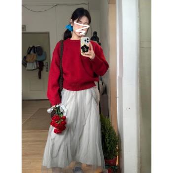 跨年紅色圓領毛衣女秋冬季2025年新款慵懶風軟糯設計感加厚針織衫