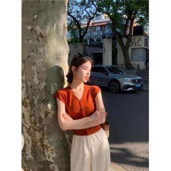 正肩復古修身短袖夏季薄款上衣