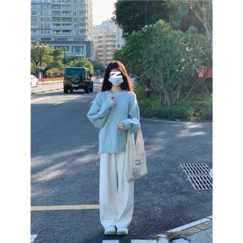 一週無休垂感顯瘦加絨米白色休閑闊腿褲女高腰直筒拖地長褲奶奶褲