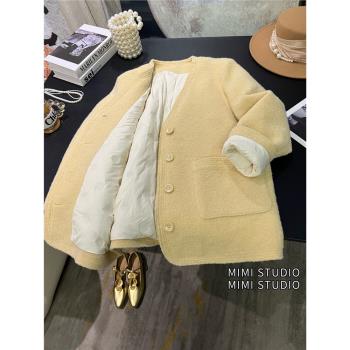 淡奶黃色羽絨服中長款外套女小香風冬季V領顯瘦羊毛呢西裝大衣厚