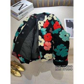 歐貨復古小眾立體花朵羽絨服女2024冬季加厚毛呢小香羊羔絨外套潮
