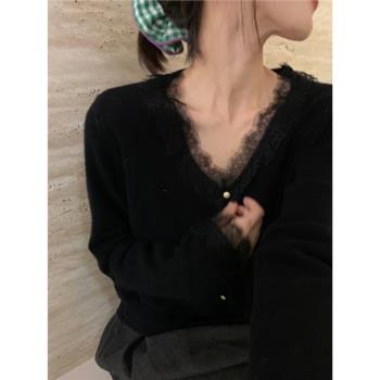 黑色打底衫女初秋別致絕美針織衫設計感蕾絲v領開衫內搭毛衣短款