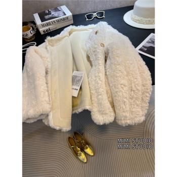韓系奶白色軟糯小香風羊羔毛外套女冬加厚毛毛絨氣質高階感短上衣