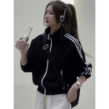 美式復古黑色立領夾克外套女2025夏季流行單品寬松短款條紋運動服