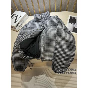 學院風格子羽絨服女時尚短款麵包服2024冬季新肯豆小立領加厚外套