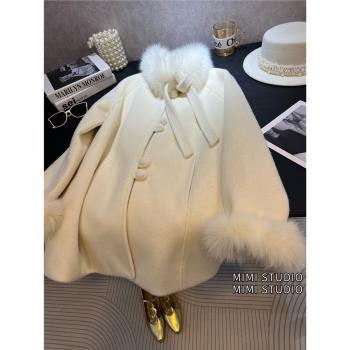 魔法斗篷千金氣質狐貍毛領大衣羽絨服女冬季皮草羊毛呢外套中長款