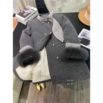 高階狐貍毛羽絨服羊毛呢外套女中長款2024冬季新雙排扣小香風大衣