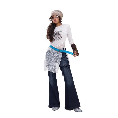 Next Passport新品黑色貓須蝴蝶結系帶喇叭牛仔褲