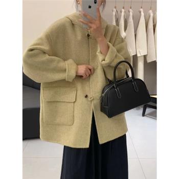 雙面羊絨大衣女短款連帽秋冬新款寬松韓版歐貨小個子羊毛呢子外套