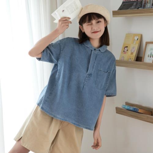 理想島 牛仔短袖襯衫女2025夏新款日系寬松小清新設計感套頭襯衣