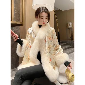 2024秋冬新款仿狐貍毛斗篷皮草外套女中國風刺繡唐裝釘珠海寧大衣