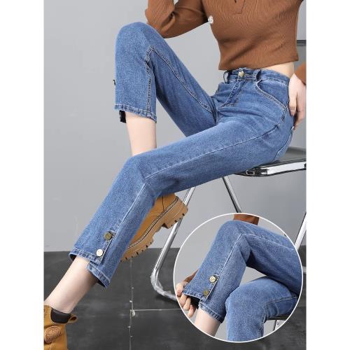 窄版直筒牛仔褲女2026年冬季加絨加厚八分小個子九分法棍煙管褲子