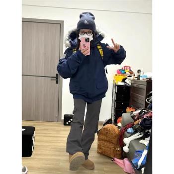 美式復古工裝派克服大毛領加厚保暖羽絨棉服女2024冬季新款棉襖潮