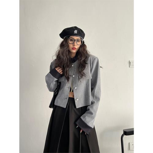 韓版設計感小香風灰色高腰短款寬松立領拼接西裝夾克開衫外套女