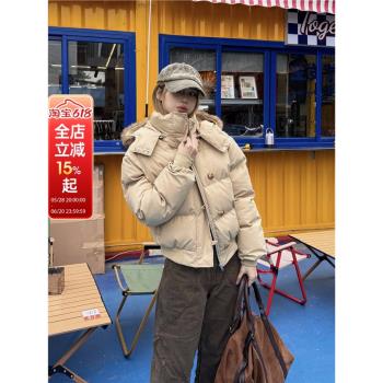XFX 美式復古寬松毛領加厚可拆卸棉服外套女冬短款羽絨派克服上衣