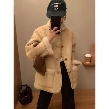 小香名媛風短款麂皮絨皮毛一體羊羔毛外套女款加厚秋冬季2024新款