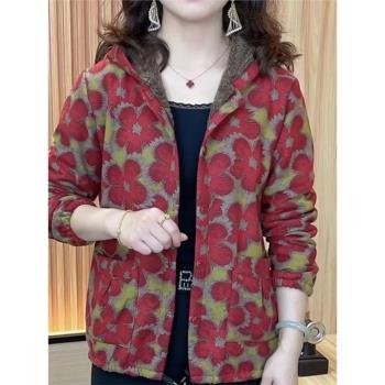 秋冬季加絨加厚連帽印花保暖棉服
