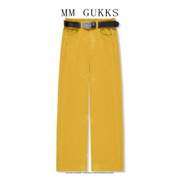 GUKKS燈芯絨長褲女黃色2024秋冬季新款高腰拉鏈直筒闊腿垂感褲子