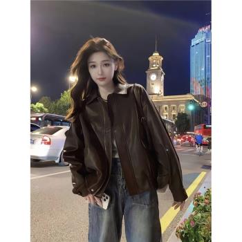 棕色pu皮衣外套女2025春秋港風爆款美拉德機車小個子加厚夾克棉服