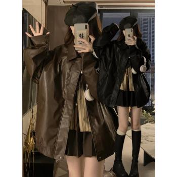 美拉德棕色機車皮衣外套女2025新爆款春秋美式復古加絨pu夾克上衣