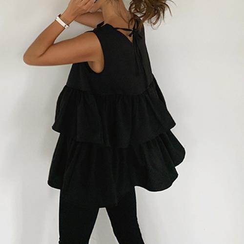 跨境日系寬松無袖層層荷葉邊背心襯衫女系帶蓬蓬A字娃娃衫上衣夏
