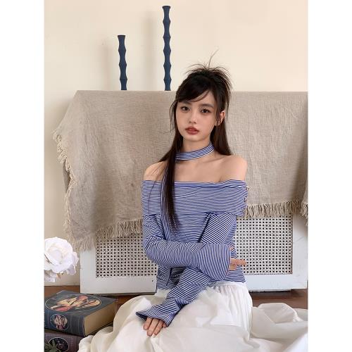 Vegetable Orbs藍色條紋設計感小眾長袖T恤女秋高級感一字肩上衣