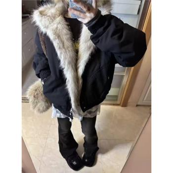 冬季座山雕棉服毛絨連帽加厚派克棉衣男女美式cleanfit設計感外套
