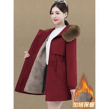 派克服加絨加厚時尚棉服女2024年秋冬季新款中老年人毛領保暖外套