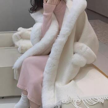 毛絨絨皮草網紅披肩羊絨外套女秋冬新款大毛領連帽披風斗篷大衣潮