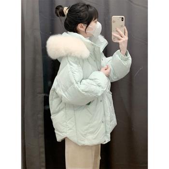 大毛領藍色菱格棉服女冬季2025年新款高階感超好看小個子韓系外套