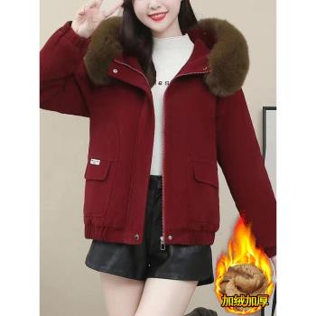 加絨加厚派克服女2024年冬季新款時尚大毛領棉服韓版寬松保暖外套