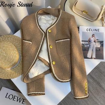 Rouje Staud卡其色小香風內裡羽絨短外套女冬新款小個子加厚上衣