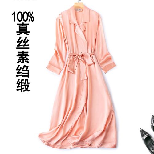 桑蠶絲連衣裙素縐緞面100%真絲法式超長款風衣外套/大碼風衣裙夏