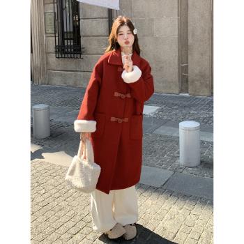聖誕紅色毛呢外套女2024冬季新款韓系小個子加絨加厚中長款呢大衣