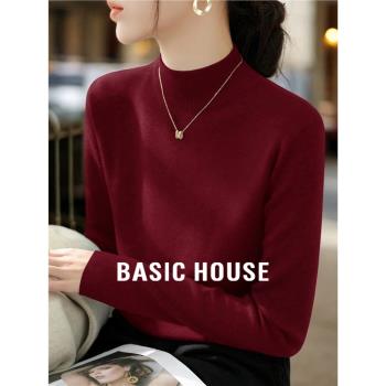 Basic House/百家好修身紅色半高領針織打底衫女秋冬高階內搭毛衣