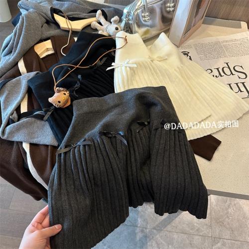 特價！蝴蝶結高腰百褶裙女秋冬新款氣質短裙顯瘦a字針織半身裙子