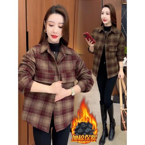 2024秋冬季新款夾棉加厚格子短外套女士洋氣減齡小個子POLO領上衣