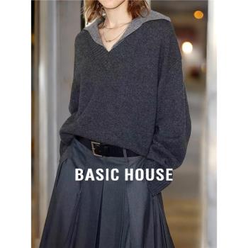 Basic House/百家好100%羊毛灰色毛衣外套女春季慵懶風V領針織衫