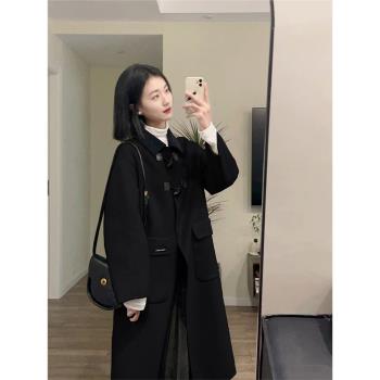 黑色牛角扣呢子大衣女高級感秋冬季2023新款韓系小個子羊毛呢外套