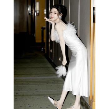 白色晨袍女新娘結婚晨拍法式禮服裙高階感羽毛魚尾宴會連衣裙睡衣
