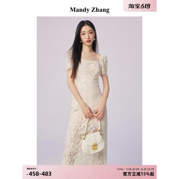 MandyZhang白色重工蕾絲連衣裙秋女法式輕奢氣質修身訂婚禮服裙子