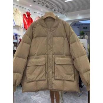 20440韓版立領棒球領羽絨服大口袋寬松麵包服加厚保暖白鴨絨外套