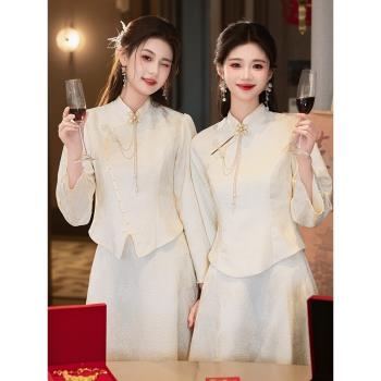 新中式伴娘服女香檳色絕美高級感禮服2024秋冬季新款大碼姐妹團裙