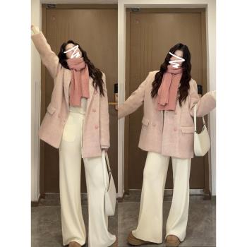 粉色短款西裝毛呢外套女春季季2025新款韓系寬松加厚氣質呢子上衣
